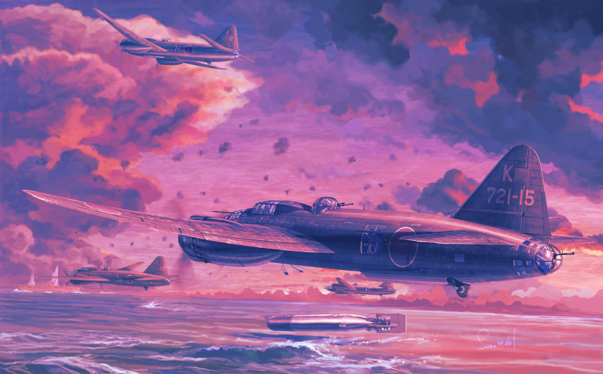 aircraft aircraft_carrier airplane bomber commentary_request destroyer flak g4m highres imperial_japanese_navy military military_vehicle no_humans original same_(carcharodon) ship torpedo united_states_navy uss_lexington_(cv-2) vehicle_focus warship watercraft world_war_ii