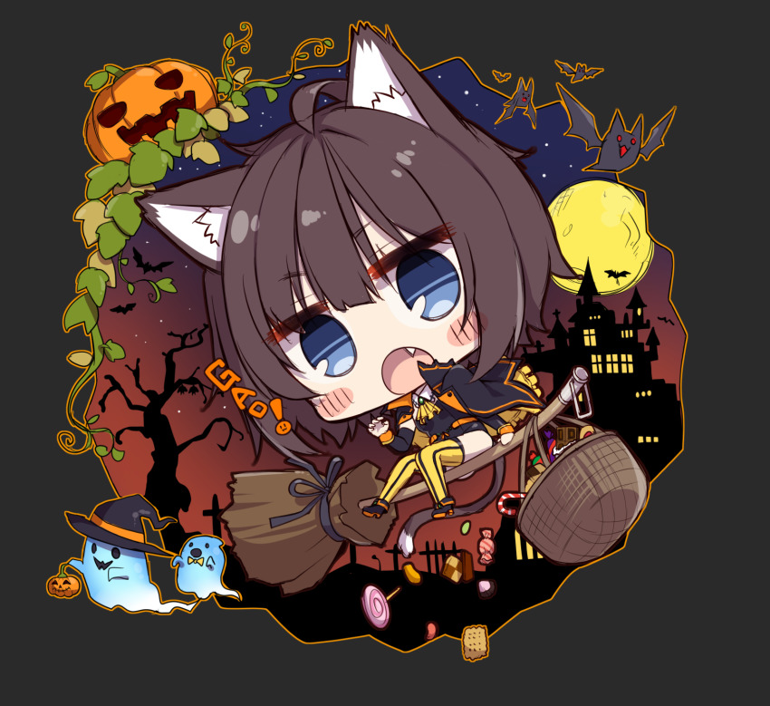 1girl animal_ear_fluff animal_ears bat_(animal) black_hair blue_eyes blush_stickers broom broom_riding candy cat_ears cat_tail chibi claw_pose detached_sleeves fang food full_moon gao ghost halloween hat hatachi highres jack-o&#039;-lantern looking_at_viewer moon night open_mouth original short_hair silhouette solo striped_clothes striped_thighhighs tail thighhighs vertical-striped_clothes vertical-striped_thighhighs witch_hat