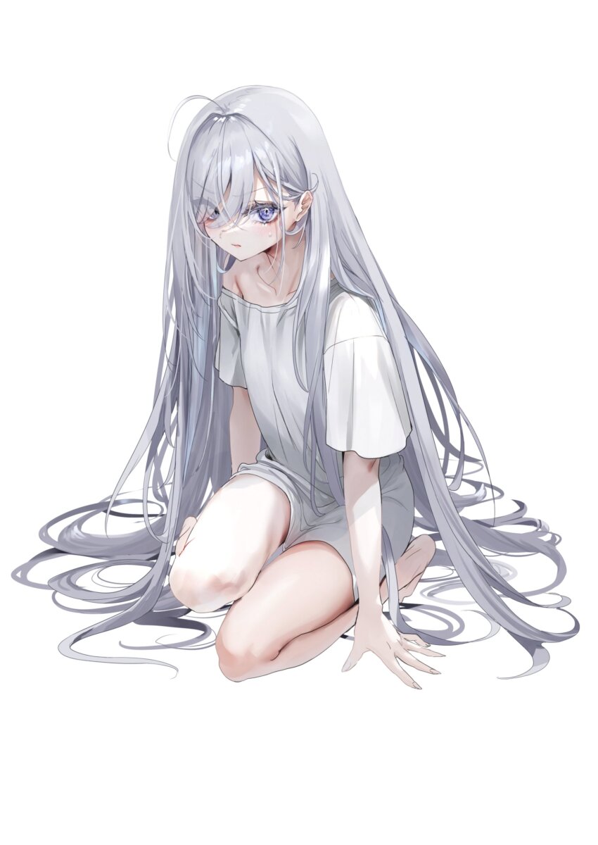1girl absurdres ahoge blue_eyes blush collarbone female_focus grey_eyes hair_ornament hair_over_one_eye hairpin heterochromia highres kneeling legs long_hair looking_at_viewer multicolored_eyes nekometaru open_mouth shibou_yuugi_de_meshi_o_kuu shirt short_sleeves simple_background solo solo_focus sweat sweatdrop thighs very_long_hair white_background white_hair white_shirt worried yuuki_(shibou_yuugi)