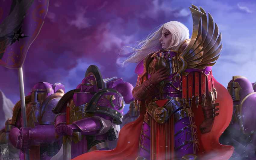 absurdres adeptus_astartes aquila_(symbol) armor emperor&#039;s_children fulgrim gloves highres imperial_aquila leather leather_gloves mountain multiple_boys ornate_armor primarch skull_ornament themaestronoob thousand_sons warhammer_40k white_hair