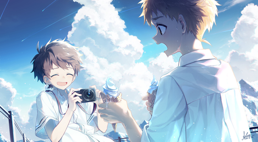 2boys bishounen blonde_hair blue_sky brown_hair buttons camera child closed_eyes cloud collared_shirt food highres holding holding_camera ice_cream koe_(mixpi) male_focus multiple_boys open_mouth original petals school_uniform shirt short_hair sky smile soft_serve sweat