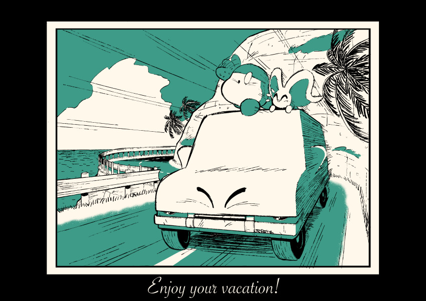 absurdres bandana bandana_waddle_dee car car_mouth closed_eyes closed_mouth elfilin english_text highres kirby kirby_(series) kirby_and_the_forgotten_land limited_palette motion_lines motor_vehicle mouthful_mode nintendo no_humans ocean outdoors palm_tree road street tree xtremexavier