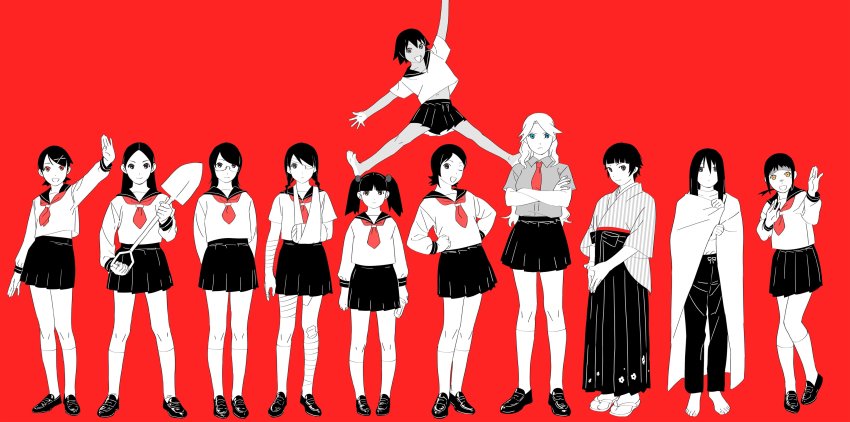 absurdres arm_sling arms_behind_back bad_id bad_twitter_id bandage_over_one_eye bandaged_arm bandaged_leg bandages bandaid barefoot blanket blunt_bangs braid crossed_arms fujiyoshi_harumi full_body fuura_kafuka glasses hair_ornament hairclip hakama hands_on_own_hips highres hitou_nami holding holding_shovel injury japanese_clothes kaga_ai kimono kimura_kaere kitsu_chiri kneehighs kobushi_abiru komori_kiri limited_palette long_hair long_sleeves low_ponytail mole mole_under_eye neckerchief ojipon one_eye_closed open_mouth otonashi_meru pants ponytail red_background sailor_collar sayonara_zetsubou_sensei school_uniform sekiutsu_maria_tarou serafuku shaded_face shirt short_hair short_sleeves shovel simple_background skirt socks standing tsunetsuki_matoi twintails wide_sleeves