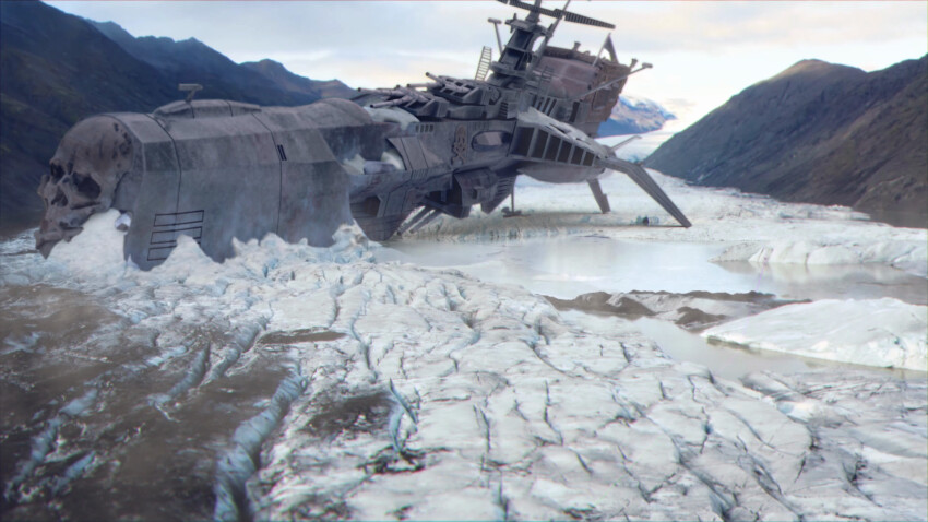 3d arcadia bad_end commentary damaged dirty energy_cannon english_commentary flag fog grey_sky harlock_saga highres ice lake mountainous_horizon no_humans photo_background pirate realistic reflection retro_artstyle river science_fiction sicci skull_and_crossbones sky snow spacecraft turret uchuu_kaizoku_captain_harlock water wreckage