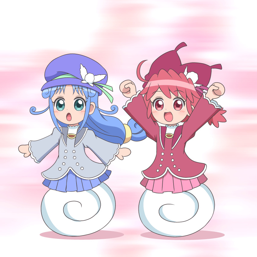 2girls absurdres aqua_eyes arms_up blue_hair blue_skirt blush buttons clenched_hands commentary commission curly_hair dot_nose fine_(futagohime) full_body fushigiboshi_no_futago_hime fushigiboshi_no_futago_hime_gyu gradient_background hat hat_ornament highres kato-shun light_blush long_hair long_sleeves looking_ahead low-tied_long_hair low_twintails multiple_girls no_fingers open_mouth pink_background pink_skirt pixiv_commission pleated_skirt red_eyes red_hair red_hat rein_(futagohime) royal_wonder_academy_school_uniform running school_uniform siblings sisters skirt smile twins twintails wheel_o_feet