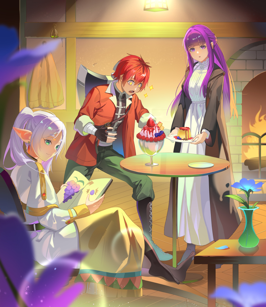 +_+ 1boy 2girls absurdres axe belt black_belt black_coat black_gloves blurry book boots closed_mouth coat commentary_request depth_of_field dress fern_(sousou_no_frieren) fingerless_gloves fireplace flower_pot food frieren gloves green_eyes green_pants highres holding holding_book holding_plate indoors jacket lace-up_boots lens_flare lingdu_han long_hair long_sleeves looking_at_viewer multiple_girls no_shoes open_clothes open_coat open_jacket open_mouth pants plate pointy_ears pudding purple_eyes purple_hair red_hair red_jacket short_hair sitting smile sousou_no_frieren standing stark_(sousou_no_frieren) table twintails weapon weapon_on_back white_dress