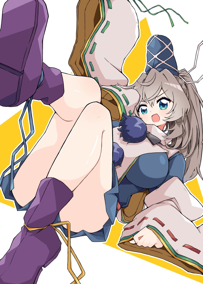 1girl :d absurdres blue_dress blue_eyes blue_hat blush boots breasts commentary_request detached_sleeves dress full_body grey_hair gurajio hat high_ponytail highres japanese_clothes kariginu large_breasts long_hair looking_at_viewer lying mononobe_no_futo on_back open_mouth pom_pom_(clothes) ponytail purple_boots ribbon-trimmed_sleeves ribbon_trim shirt smile solo tabard tate_eboshi touhou v-shaped_eyebrows white_background white_shirt white_tabard yellow_background