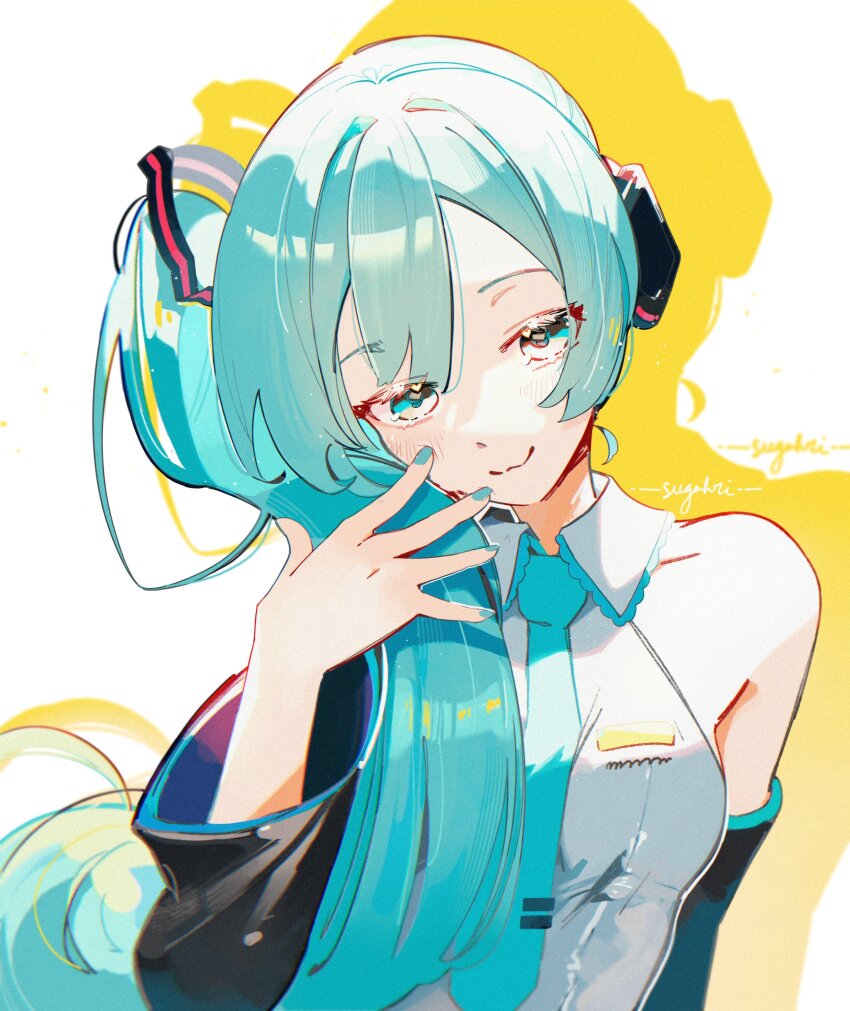 1girl absurdres blue_eyes blue_hair blush broken_miku&#039;s_tail_(meme) collared_shirt commentary detached_sleeves hair_ornament hand_up hatsune_miku hatsune_miku_(noodle_stopper) head_tilt headphones highres long_hair meme nail_polish necktie shirt side_ponytail sleeveless sleeveless_shirt smile solo sugahri upper_body vocaloid