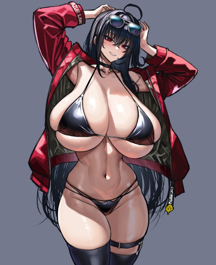 1girl absurdres ahoge azur_lane bikini black_bikini black_choker black_hair black_thighhighs blush breasts choker cleavage collarbone copyright_name crossed_bangs eyewear_on_head gigantic_breasts hair_between_eyes hair_ornament highleg highleg_bikini highres jacket long_hair looking_at_viewer multi-strapped_bikini_bottom multi-strapped_bikini_top navel official_alternate_costume race_queen red_eyes red_jacket smile solo sunglasses swimsuit taihou_(azur_lane) taihou_(enraptured_companion)_(azur_lane) thighhighs very_long_hair wolffeld_price