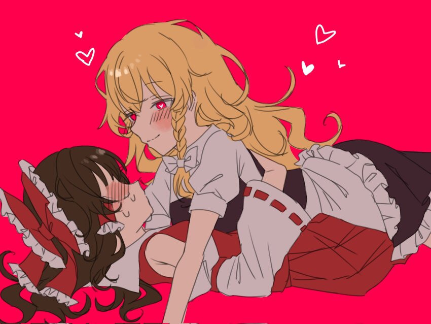 2girls amatukimahoro apron black_skirt blonde_hair blush bow brown_hair closed_mouth detached_sleeves hair_bow hair_tubes hakurei_reimu heart heart-shaped_pupils highres kirisame_marisa long_hair lying_on_person multiple_girls red_background red_bow red_eyes shirt simple_background skirt smile sweat symbol-shaped_pupils touhou white_apron white_shirt yuri