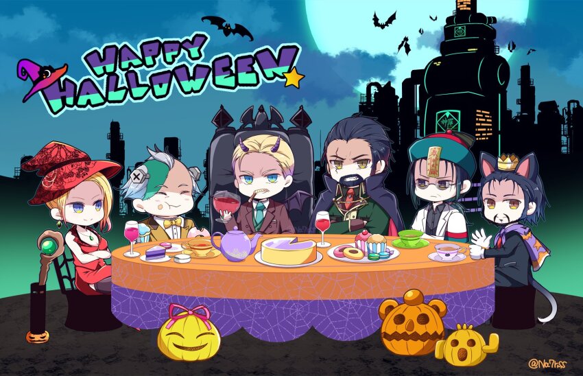 1girl alcohol animal_ears bat_(animal) black_hair cat_ears cat_tail chibi chibi_only cloak commentary_request cosplay cup demon_horns demon_tail final_fantasy final_fantasy_vii final_fantasy_vii_remake food frankenstein&#039;s_monster frankenstein&#039;s_monster_(cosplay) glasses grey_hair halloween halloween_costume happy_halloween hat heidegger_(final_fantasy) highres holding holding_cup horns jiangshi_costume lab_coat long_hair low_ponytail male_focus moogle multiple_boys nanao_(zonzonsh) night night_sky palmer_(ff7) ponytail president_shinra professor_houjou pumpkin reeve_tuesti sabotender scarlet_(ff7) short_hair sky tail tea vampire_costume wine witch witch_hat
