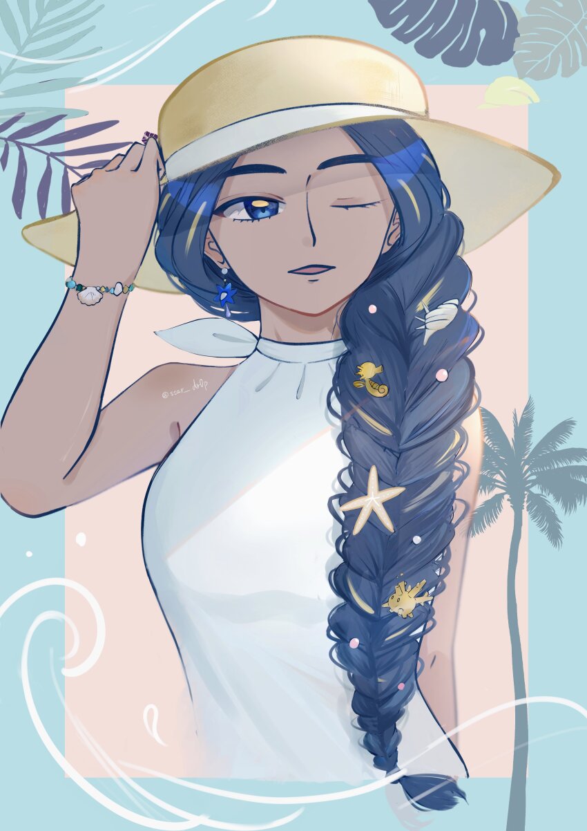 1girl absurdres alternate_costume alternate_hairstyle arm_behind_back bare_shoulders black_hair blue_eyes bracelet braid corsola dark-skinned_female dark_skin dress earrings game_freak geeta_(pokemon) gen_1_pokemon gen_2_pokemon glimmet hair_ornament hair_over_shoulder hand_on_headwear hand_up hat highres horsea jewelry long_hair lower_eyelashes_only nintendo one_eye_closed open_mouth pearl_hair_ornament pokemon pokemon_sv seashell_bracelet shell_hair_ornament single_braid single_earring sleeveless sleeveless_dress solo star_dr0p starfish_hair_ornament sun_hat twitter_username white_dress yellow_hat