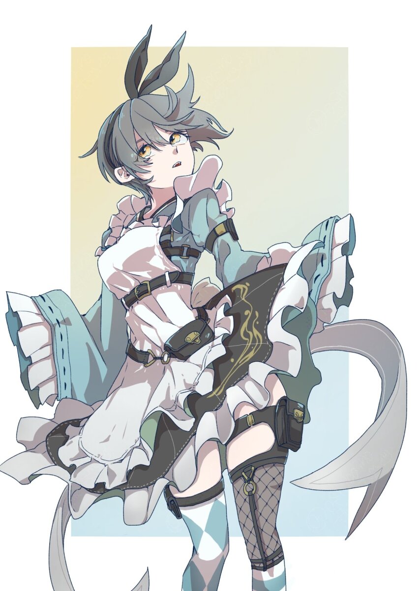 1girl animal_ears apron asymmetrical_legwear belt belt_buckle black_hairband black_skirt blue_kimono border brown_hair buckle commentary_request feet_out_of_frame final_fantasy final_fantasy_vii final_fantasy_vii_ever_crisis fishnets frilled_apron frilled_skirt frilled_sleeves frills hairband highres japanese_clothes kimono official_alternate_costume oshibainoticket outside_border parted_lips rabbit_ears short_hair skirt sleeves_past_fingers sleeves_past_wrists solo thighhighs white_apron white_border wide_sleeves yuffie_kisaragi yuffie_kisaragi_(bunny_apron)