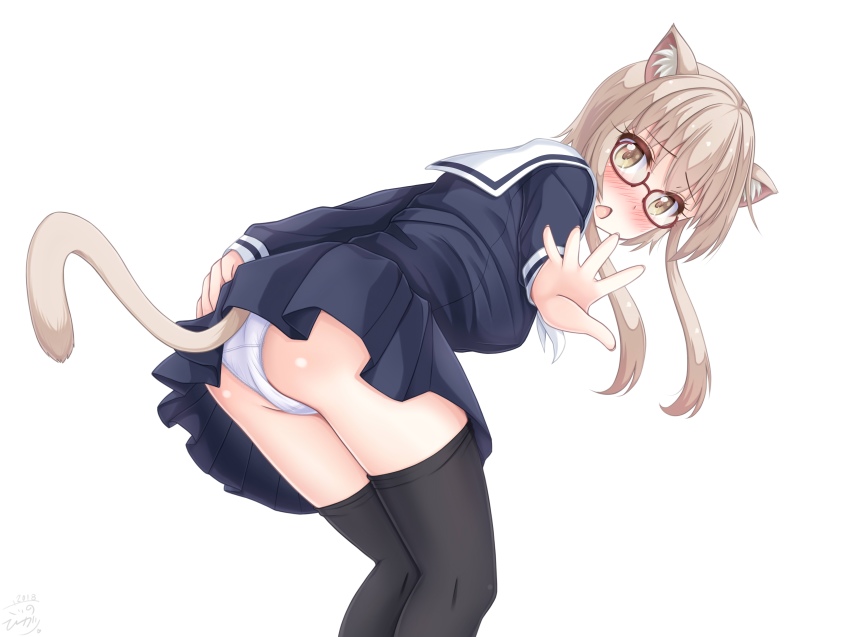 1girl :o absurdres animal_ears bad_hand black_skirt black_thighhighs blush brown_eyes cat_ears cat_tail female_focus highres leaning light_brown_hair original panties pantyshot sainohikari school_uniform serafuku shiny_skin sidelocks skirt solo standing tail thighhighs underwear white_background white_panties
