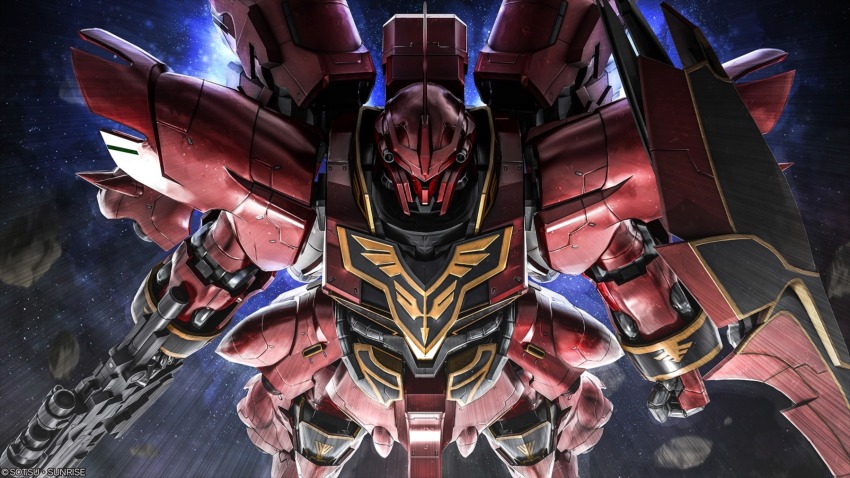 absurdres artist_request asteroid beam_rifle clenched_hand company_name copyright_notice emblem energy_gun gundam gundam_battle_operation_2 gundam_unicorn highres holding holding_weapon looking_at_viewer machinery mecha mecha_focus mobile_suit nebula neo_zeon no_humans official_art realistic robot roundel science_fiction shield sinanju solo space star_(sky) sunrise_(company) thrusters weapon