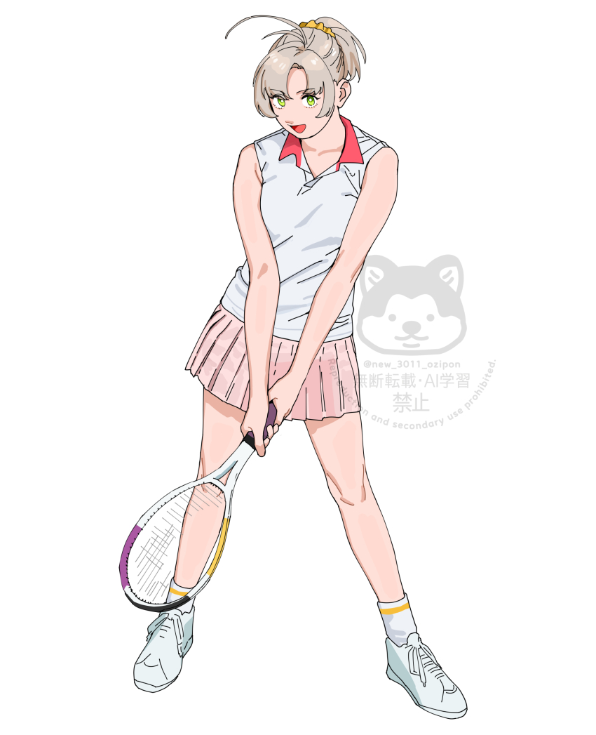 1girl alternate_costume collared_shirt full_body green_eyes grey_hair hair_ornament hair_scrunchie highres holding kantai_collection kinugasa_(kancolle) ojipon open_mouth pink_skirt ponytail racket scrunchie shirt shoes simple_background skirt sleeveless sleeveless_shirt socks solo standing tennis_racket twitter_username watermark white_background white_shoes white_socks
