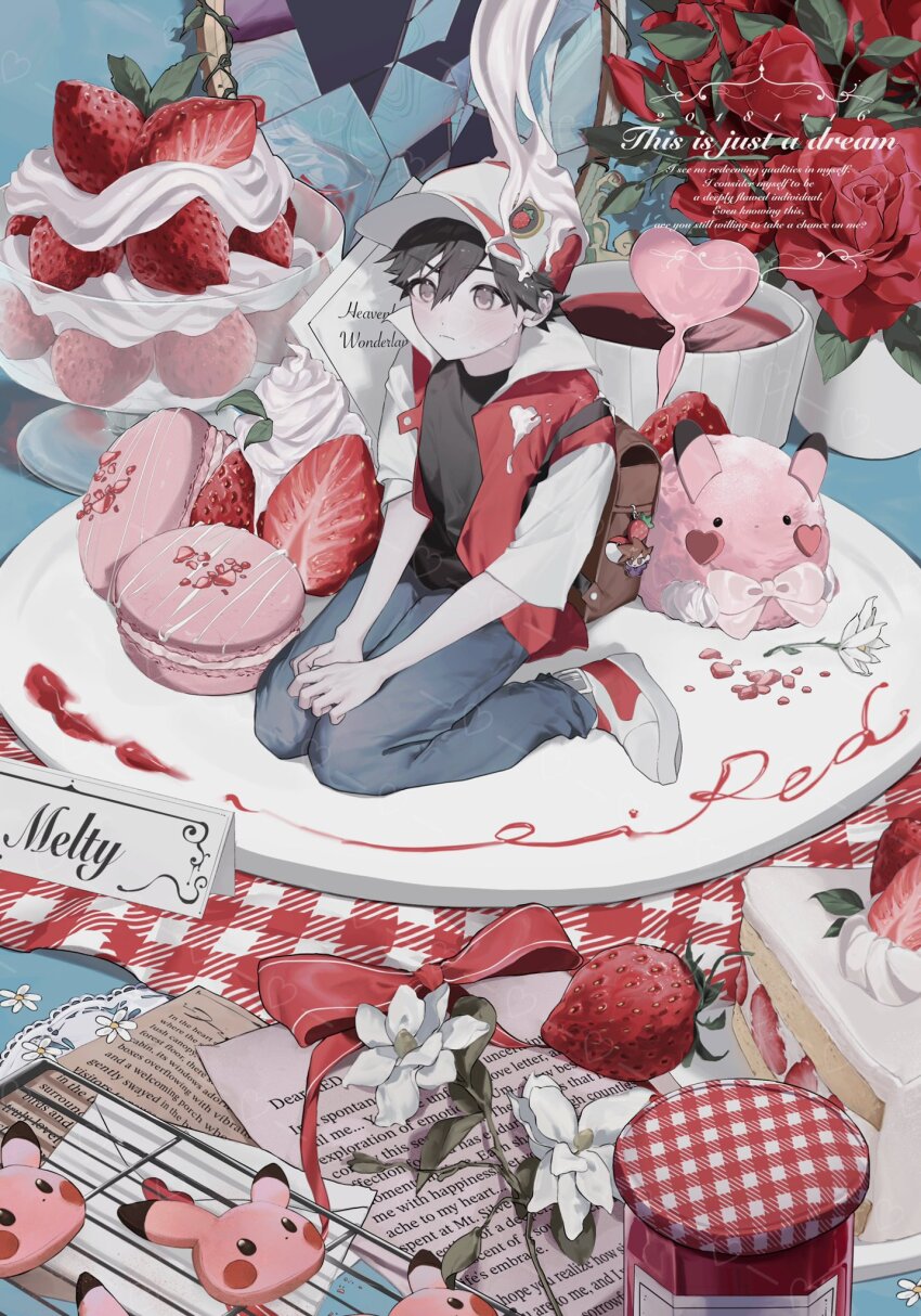 1boy backpack bag brown_bag closed_mouth commentary_request cream cup english_text food food_on_clothes fruit hat highres jacket jar leaf male_focus mini_person miniboy nintendo open_clothes open_jacket pants pokemon pokemon_rgby red_(pokemon) red_hat red_jacket shoes sitting solo strawberry x_grlo4