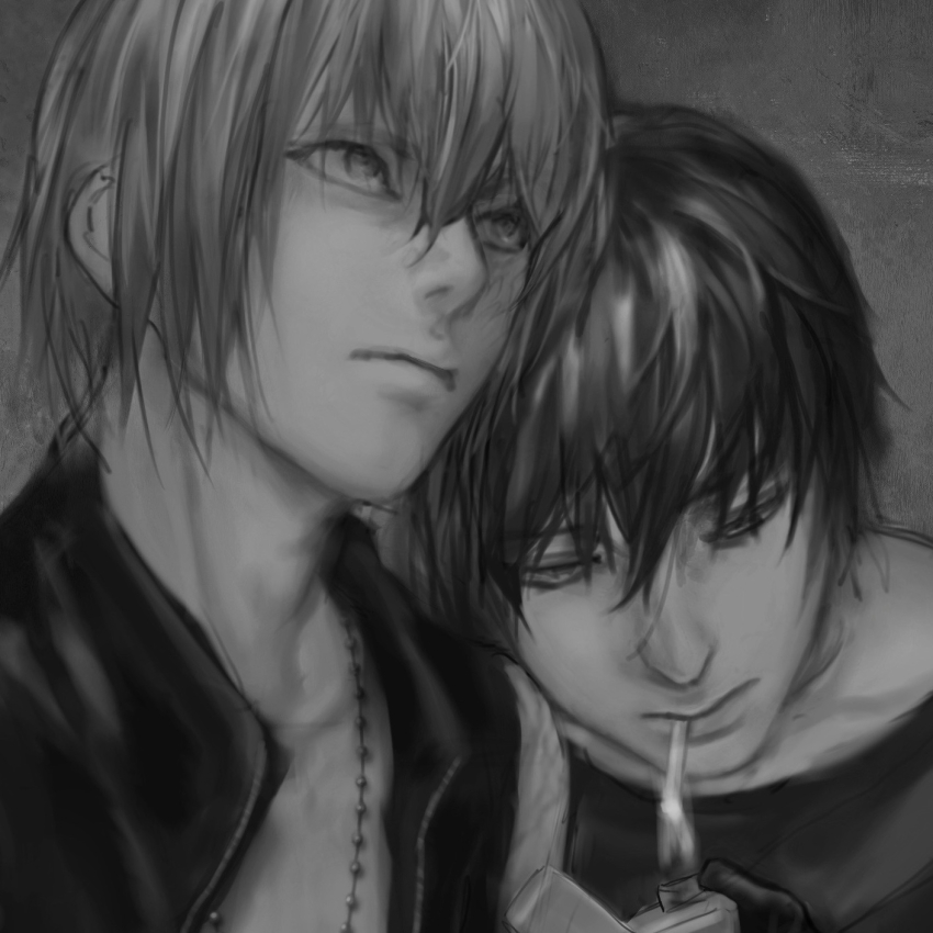 2boys chinese_commentary cigarette closed_mouth collarbone commentary_request crew_neck death_note fire grey_background greyscale hair_between_eyes head_on_another&#039;s_shoulder highres holding holding_lighter jacket jewelry lighter looking_down looking_up lyinglynx male_focus matt_(death_note) mello_(death_note) monochrome multiple_boys necklace open_clothes open_jacket shirt short_hair sleeveless sleeveless_jacket upper_body
