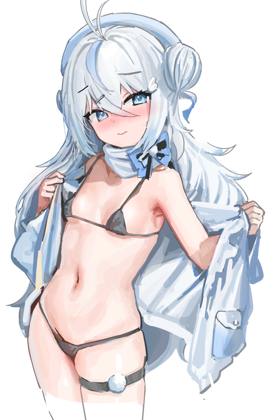 1girl antenna_hair armpits beret bikini black_bikini blue_eyes blue_hat blush closed_mouth cowboy_shot hair_between_eyes hair_bun hair_ornament hairpin hat highres holding holding_jacket holding_unworn_clothes jacket kanzarin legs_together long_hair long_sleeves looking_at_viewer micro_bikini navel noripro nose_blush open_clothes open_jacket simple_background single_side_bun skindentation solo stomach swimsuit thigh_strap undressing unworn_jacket virtual_youtuber white_background white_hair white_jacket yukinose_kumochi