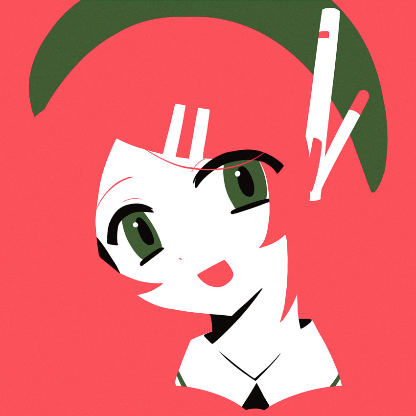 1girl beret blending chinese_commentary collared_shirt commentary_request cropped_shoulders feiwusheng flat_color green_eyes green_hat hair_ornament hairclip hat head_tilt highres looking_at_viewer momone_momo open_mouth pink_background pink_hair portrait radio_antenna shirt simple_background smile solo swept_bangs utau