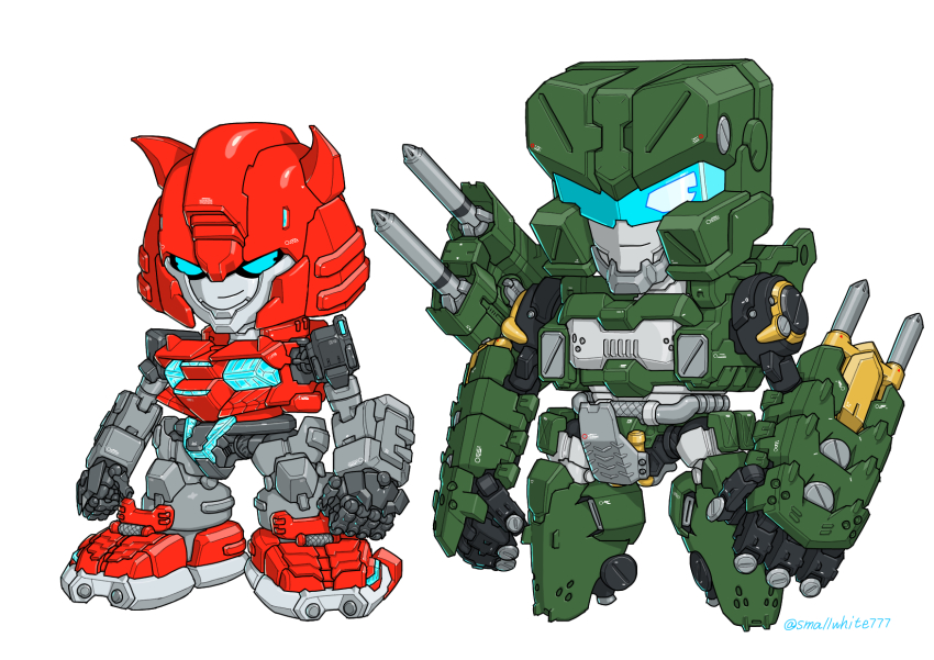 artist_name autobot blue_eyes chibi cliffjumper highres hound_(transformers) jeulove-sma11-white mecha redesign robot smirk standing transformers visor white_background
