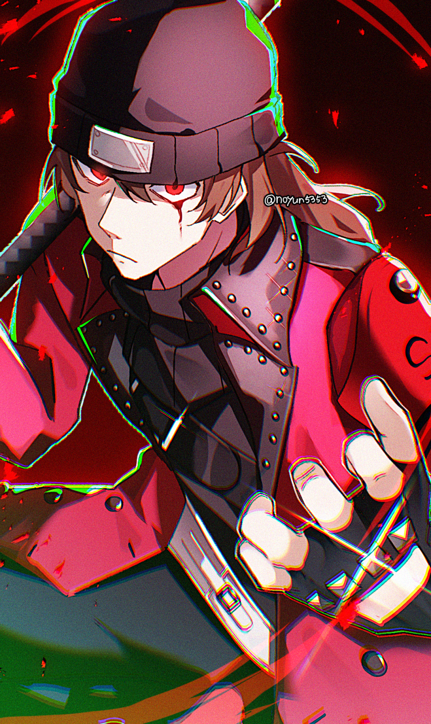 1boy aragaki_shinjirou belt black_gloves black_hat black_pants black_shirt blood bloody_tears closed_mouth fingerless_gloves gloves hat highres jacket looking_at_viewer male_focus nodoka906 pants persona persona_3 red_eyes red_jacket shirt solo twitter_username white_belt