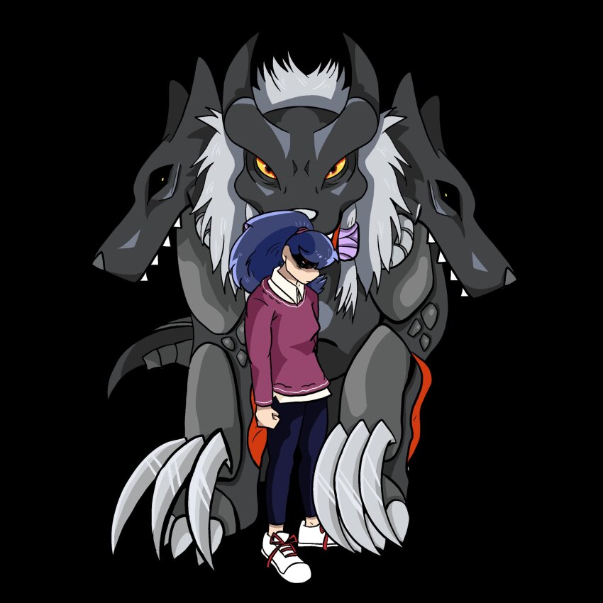 cerberumon clenched_hand digimon digimon_(creature) highres looking_at_viewer ponytail sharp_teeth shibuya_aoi teeth white_hair