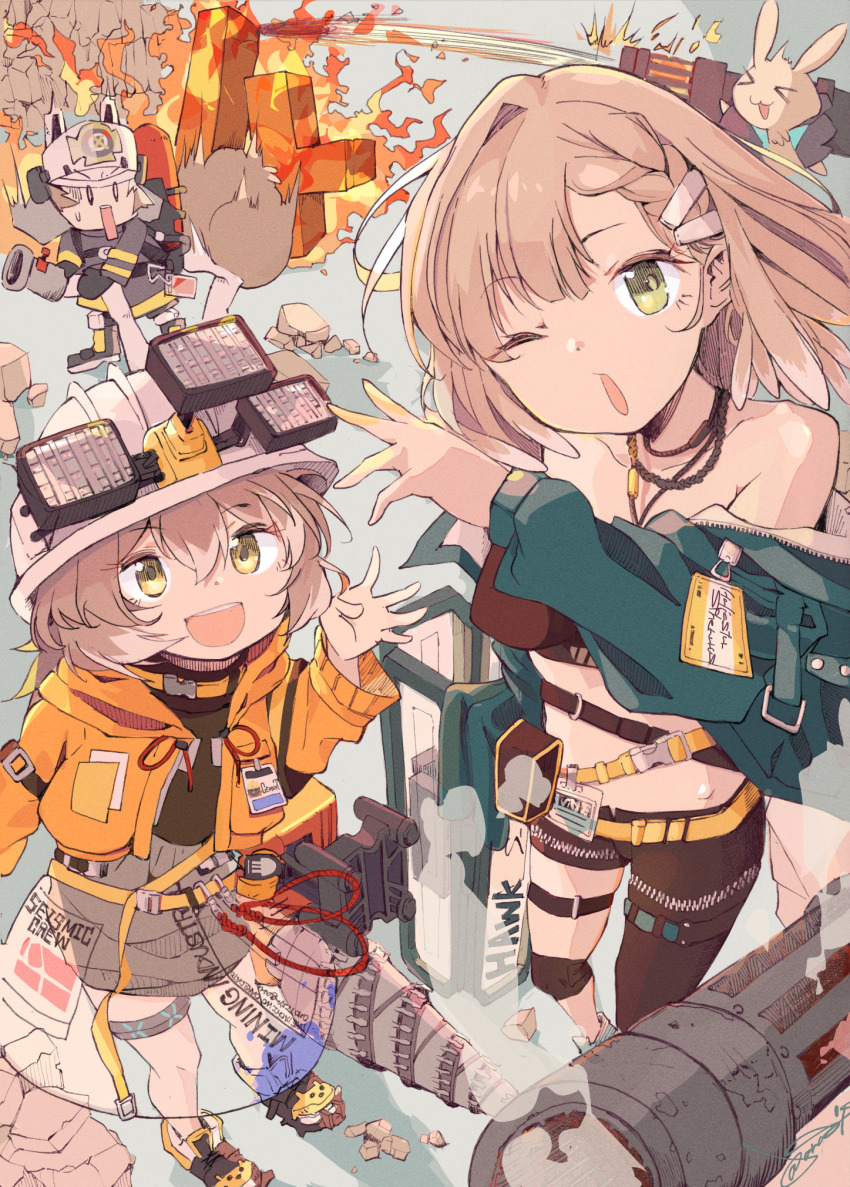 4girls amiya_(arknights) arknights bare_shoulders black_pants brown_hair cement_(arknights) commentary_request feather_hair fire firewhistle_(arknights) green_eyes green_jacket hair_ornament hairclip hard_hat helmet highres holding holding_hose hose infection_monitor_(arknights) jacket long_sleeves looking_at_viewer midriff mining_helmet multiple_girls open_mouth orange_jacket pants power_drill see-through_clothes see-through_skirt shaw_(arknights) shinkuro_sanagi short_hair skirt surprised teeth upper_teeth_only waving yellow_eyes