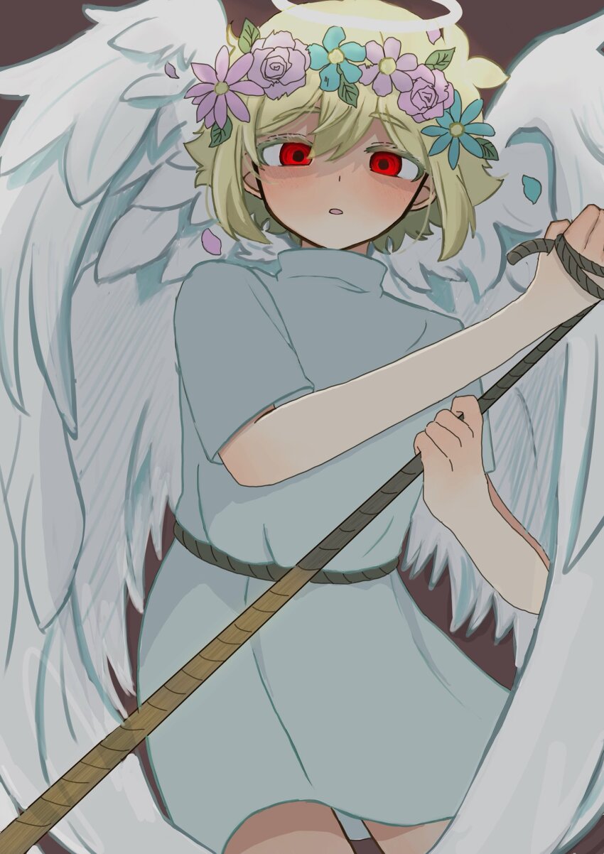 1boy alternate_eye_color angel angel_wings antenna_hair basil_(faraway)_(omori) basil_(omori) blonde_hair double-parted_bangs flower flower_wreath hair_between_eyes halo head_wreath highres holding holding_rope looking_at_viewer male_focus omori parted_lips red_eyes rope short_hair short_sleeves sidelocks solo wings yuuabara