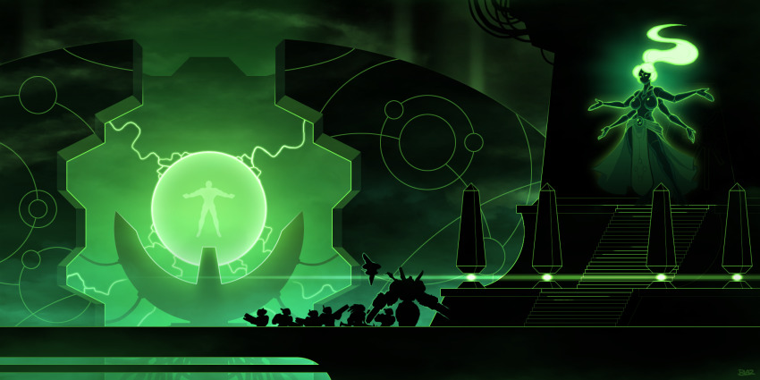 bare_legs battlesuit black_background blazbaros breasts commission drone energy energy_gun extra_arms gem giant giantess glowing glowing_hair green_background green_theme highres hooves huge_breasts large_breasts machinery mecha metal_skin necron obelisk pelvic_curtain ponytail prison prisoner robot silhouette skirt t&#039;au tomb warhammer_40k weapon