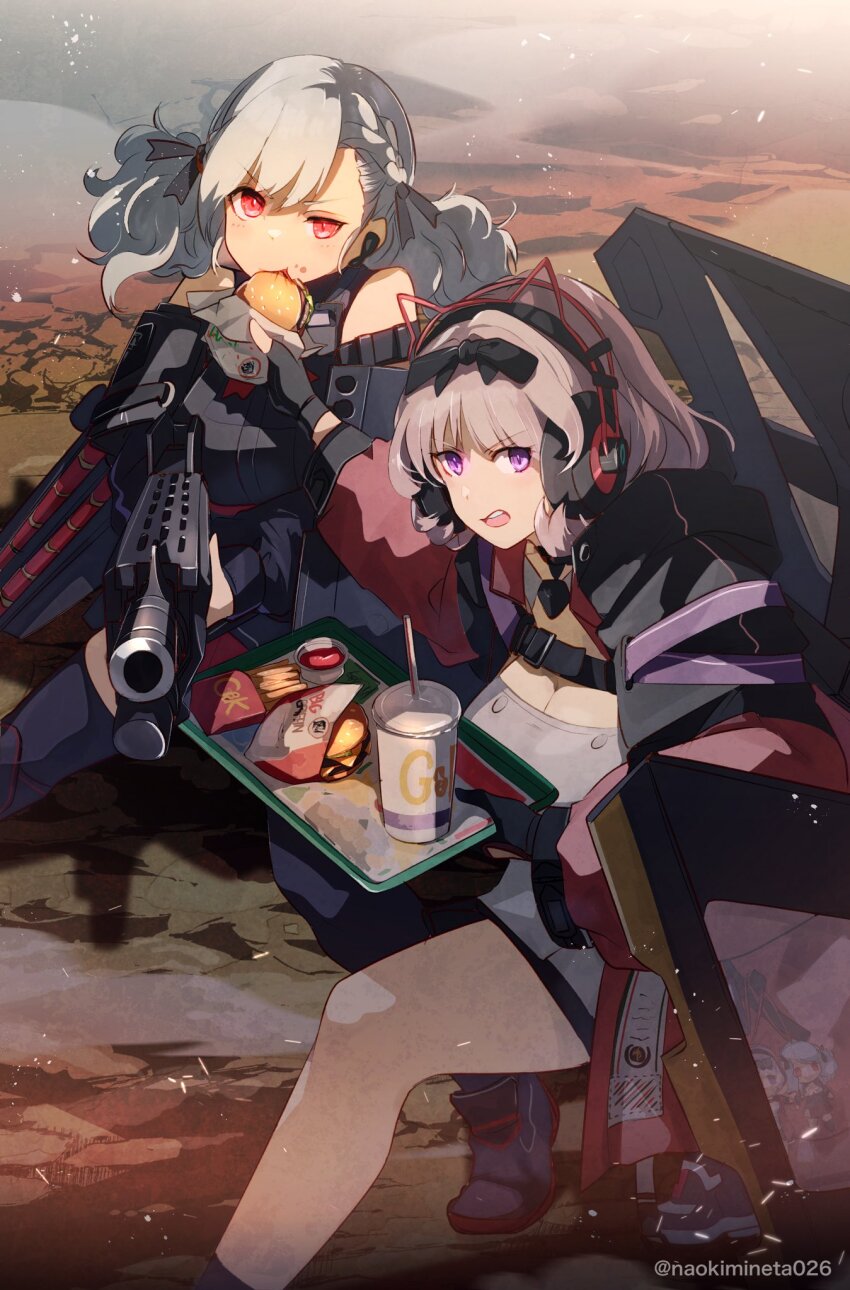 12-gauge 12-gauge_(2_3/4_inch_shell) 2girls aiming aiming_at_viewer ammunition asymmetrical_bangs black_gloves black_jacket black_ribbon blush braid breasts burger character_doll charm_(object) cleavage commentary_request cup disposable_cup doll dress dual-mode_shotgun earpiece eating fighting_stance fingerless_gloves food food_on_face food_wrapper franchi french_fries girls&#039;_frontline gloves grey_hair griffin_&amp;_kryuger_logo gun hair_ribbon half-closed_eye headphones highres holding holding_tray jacket ketchup large_breasts long_hair looking_at_viewer mineta_naoki multiple_girls open_clothes open_jacket open_mouth outdoors pump-action_shotgun pump_action purple_eyes red_eyes ribbon semi-automatic_shotgun shield shield_module shoes short_hair shotgun shotgun_shell sleeveless sneakers socks spas-12 spas-12_(girls&#039;_frontline) spas-15_(girls&#039;_frontline) thighhighs tray twintails weapon white_dress