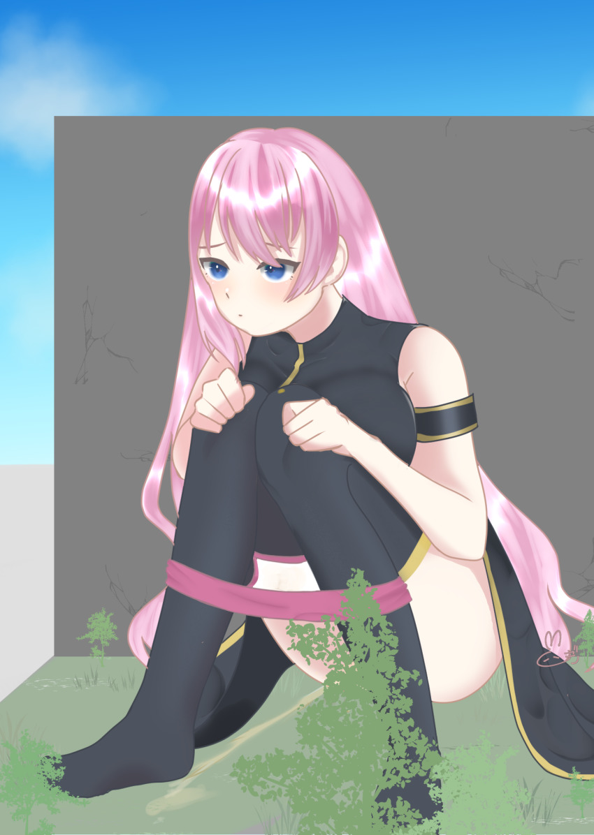 1girl behind_cover blue_eyes convenient_censoring hands_on_own_knees highres megurine_luka outdoors panties panty_pull peeing pink_hair solo squatting underwear vocaloid