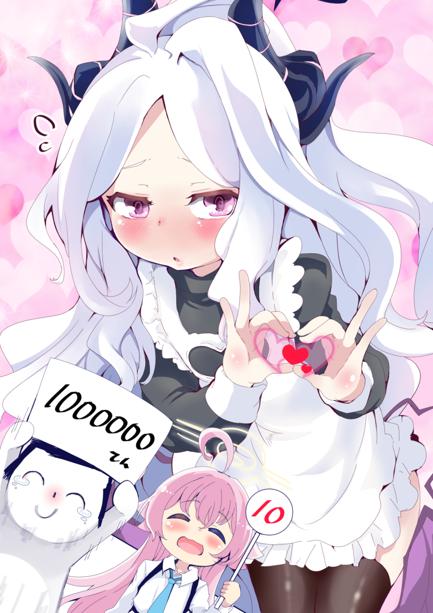 1boy 2girls apron black_thighhighs blue_archive blush demon_girl demon_horns demon_wings doodle_sensei_(blue_archive) halo heart heart_hands highres hina_(blue_archive) horns hoshino_(blue_archive) long_hair looking_at_viewer maid maid_apron maid_headdress multiple_girls pink_hair pink_halo purple_eyes school_uniform sensei_(blue_archive) shi_ecchi thighhighs white_hair wings