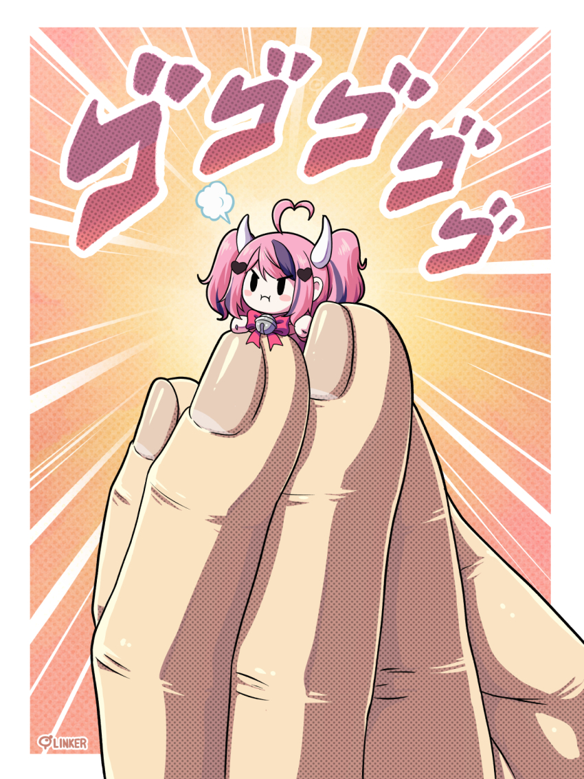1girl 1other ahoge angry artist_name bell black_eyes blush_stickers border bow chibi clenched_hands commentary demon_horns english_commentary fingernails heart heart_ahoge highres horns ironmouse linker medium_hair menacing_(jojo) mini_person minigirl multicolored_hair neck_bell pink_bow pink_hair pout puff_of_air purple_hair solid_oval_eyes sunburst sunburst_background twintails v-shaped_eyebrows virtual_youtuber vshojo white_border
