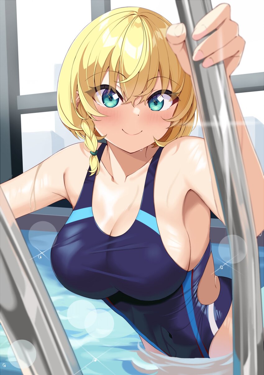 1girl aqua_eyes bare_arms bare_shoulders blonde_hair blue_one-piece_swimsuit blush braid breasts c: cleavage closed_mouth collarbone commentary competition_swimsuit covered_navel eyes_visible_through_hair fingernails hair_between_eyes hand_up happy highleg highleg_one-piece_swimsuit highres hoshiro_remi indoors large_breasts looking_at_viewer one-piece_swimsuit pool ray_(rays_26) ripples same_to_ikiru_nanokakan shiny_skin short_hair single_braid smile solo sparkle sparkling_eyes split_mouth swimsuit tsurime upper_body wading water water_drop