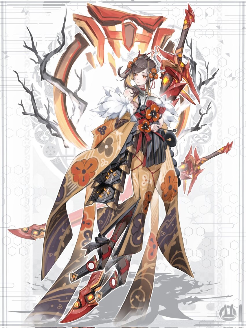 1girl adapted_costume ankle_flower ankle_ribbon armor asymmetrical_sidelocks bare_shoulders black_pantyhose black_ribbon blonde_hair branch breasts brown_hair chiori_(genshin_impact) choker commentary detached_sleeves english_commentary floating floating_object floating_weapon floral_print flower flower_knot fur-trimmed_sleeves fur_trim furisode_sleeves genshin_impact hair_flower hair_ornament hair_stick hand_on_own_chest highres holding holding_smoking_pipe honeycomb_(pattern) honeycomb_background hoop huge_weapon japanese_armor japanese_clothes kimono kusazuri laksana_iman leg_ribbon long_hair looking_to_the_side multicolored_hair multicolored_kimono multiple_swords obi okobo pantyhose parted_lips platform_sandals red_choker red_eyes red_ribbon red_sash ribbon sandals sash shadow sheath sheathed side_ponytail sideboob sleeveless sleeveless_kimono smoking_pipe solo swept_bangs two-tone_hair weapon white_background white_kimono wide_sleeves wrist_flower yellow_kimono