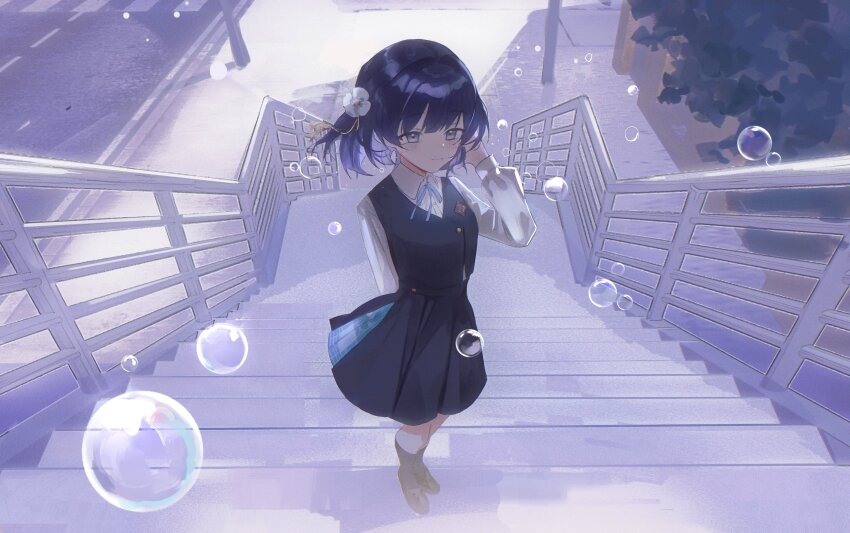 1girl absurdres axleaki blue_eyes blue_hair bubble collared_shirt fence full_body gakuen_idolmaster hataya_misuzu highres idolmaster kneehighs loafers long_sleeves looking_at_viewer neck_ribbon outdoors pole ribbon school_uniform shirt shoes short_hair skirt smile socks solo stairs standing vest wind