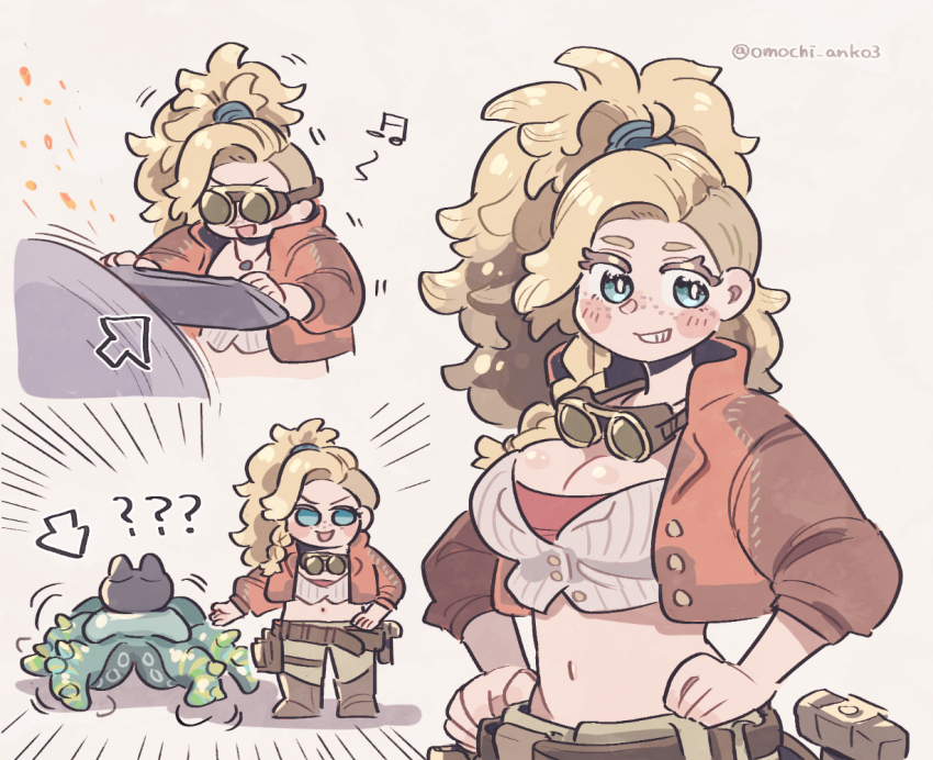 1girl armor asymmetrical_hair belt blacksmith blonde_hair blue_eyes braid breasts cat cleavage crop_top cropped_jacket felyne freckles gemma_(monster_hunter_wilds) goggles goggles_around_neck jacket large_breasts long_hair looking_at_viewer midriff monster_hunter_(series) monster_hunter_wilds navel omochi_anko3 open_clothes open_jacket ponytail side_braid smile tentacles tool_belt tools