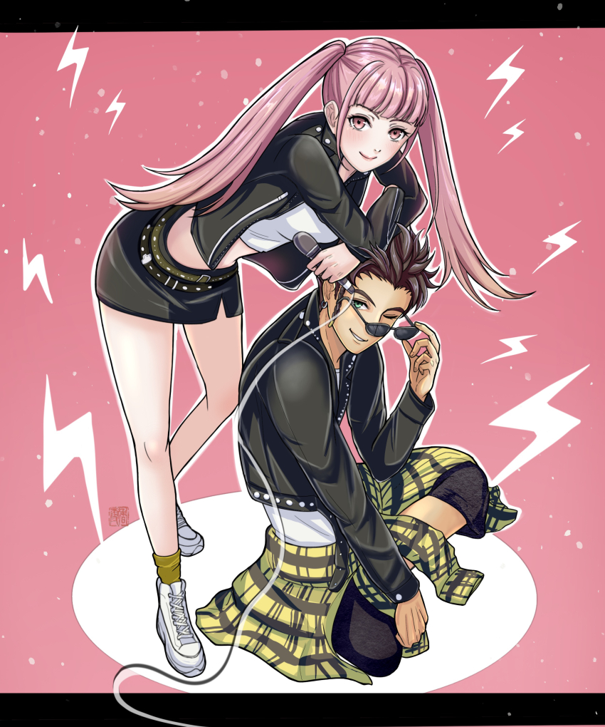 1boy 1girl absurdres adjusting_eyewear alternate_costume claude_von_riegan dark-skinned_male dark_skin fire_emblem fire_emblem:_three_houses highres hilda_valentine_goneril kousetu0506 nintendo one_eye_closed pink_hair skirt sunglasses twintails