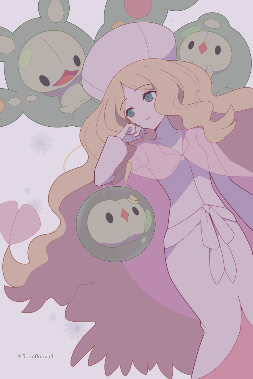 1girl 343rone absurdres blonde_hair blue_eyes caitlin_(pokemon) cape dress duosion evolutionary_line gen_5_pokemon hat highres long_hair long_sleeves looking_at_another nintendo parted_bangs parted_lips pink_dress pink_hat pokemon pokemon_(creature) pokemon_bw reuniclus see-through_cape smile solosis twitter_username very_long_hair