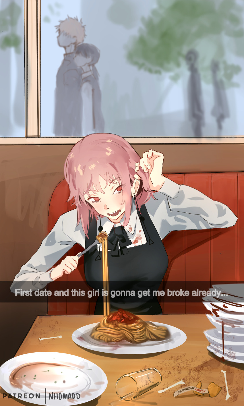 1boy 2girls absurdres adjusting_hair artist_name black_dress booth_seating chainsaw_man collared_shirt cup denji_(chainsaw_man) dress drinking_glass earrings eating english_text fami_(chainsaw_man) food food_on_clothes fork fortune_cookie_(food) hand_in_own_hair highres holding holding_fork jewelry mitaka_asa mole mole_under_eye mole_under_mouth multiple_girls nhomadd pasta pinafore_dress pink_eyes pink_hair plate ringed_eyes shirt sitting sleeveless sleeveless_dress snapchat solo_focus spaghetti white_shirt window