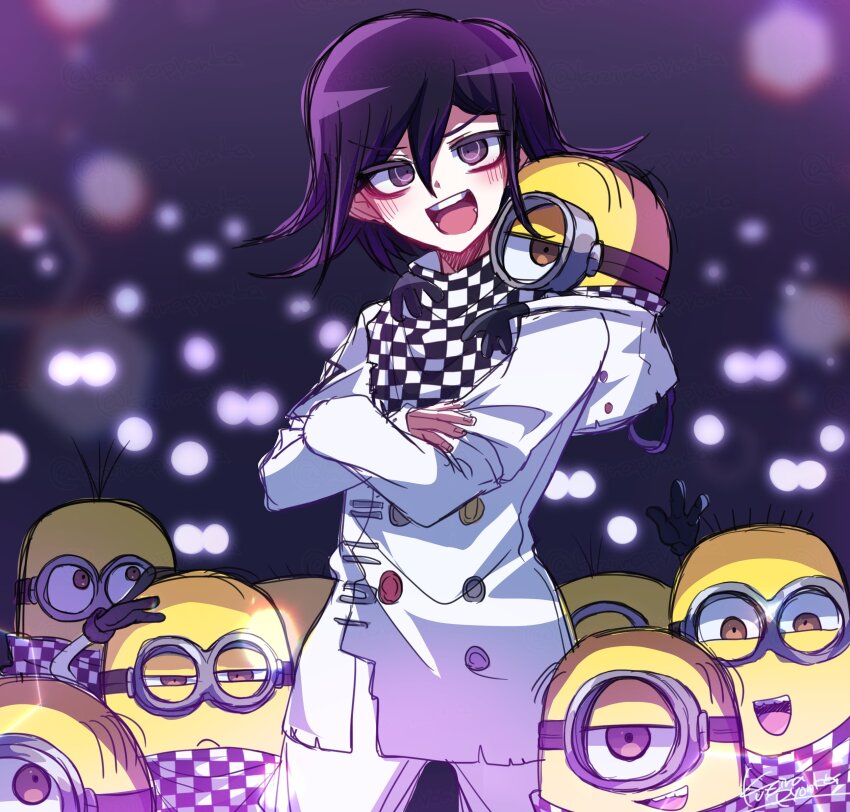 1boy absurdres blurry blush bokeh brown_eyes buttons checkered_clothes checkered_neckerchief checkered_scarf colored_skin commentary cosplay creature crossed_arms crossover danganronpa_(series) danganronpa_v3:_killing_harmony depth_of_field despicable_me flipped_hair goggles hair_between_eyes highres kujira_pyon_ka long_sleeves looking_at_viewer male_focus minion_(despicable_me) minions_(movie) multicolored_buttons narrowed_eyes neckerchief oma_kokichi oma_kokichi_(cosplay) one-eyed open_mouth pants purple_eyes purple_hair scarf short_hair signature smile smug standing straitjacket symbol-only_commentary teeth two-tone_scarf yellow_skin