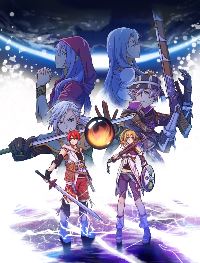 3boys 3girls adol_christin ancient_ys_vanished arkibk axe black_gloves black_hat blonde_hair blue_hair bracelet bucket_hat cloak closed_eyes closed_mouth commentary_request company_connection earth_(planet) eiyuu_densetsu falcom feena_(ys) gloves grey_hair gun hat high_collar high_ponytail highres holding holding_axe holding_gun holding_shield holding_sword holding_weapon hood hooded_cloak hummel_trabaldo jewelry kai_no_kiseki karja_balta kuro_no_kiseki_(series) midriff multiple_boys multiple_girls navel own_hands_clasped own_hands_together parody planet ponytail purple_hair reah_(ys) red_cloak red_hair red_shorts rifle scias_(ys) shield short_hair shorts side_ponytail standing sword v-shaped_eyebrows weapon ys ys_seven ys_viii:_lacrimosa_of_dana ys_x:_nordics