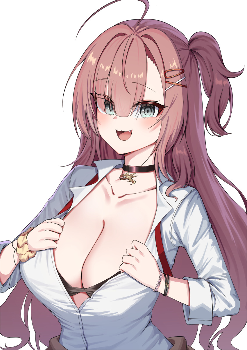 absurdres breasts ciel_(counter:side) cleavage counter:side highres jinggun open_clothes open_shirt pink_hair smile white_background