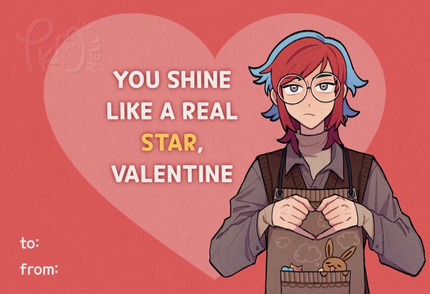 1girl alternate_costume apron blue_hair brown_vest closed_mouth collared_shirt commentary english_text glasses grey_eyes grey_shirt highres looking_at_viewer medium_hair multicolored_hair nintendo own_hands_together penny_(pokemon) pokemon pokemon_sv red_hair round_eyewear shirt signature solo submashell sweater_vest two-tone_hair undershirt valentine valentine_card vest