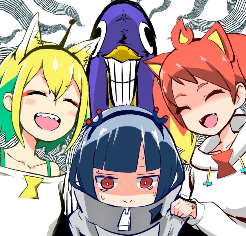 3girls :d ^_^ aimusu amano_pikamee anger_vein animal animal_ear_fluff bare_shoulders bird black_hair black_hairband blonde_hair blush closed_eyes closed_mouth collarbone commentary_request drawstring fangs green_hair grey_jacket grin gyari_(bird) hair_between_eyes hairband hikasa_tomoshika hood hood_down hoodie jacket jitomi_monoe kemonomimi_mode long_sleeves magnet multicolored_hair multiple_girls off-shoulder_shirt off_shoulder open_mouth red_eyes red_hair shaded_face sharp_teeth shirt shoulder_grab smile sweat teeth two-tone_hair v-shaped_eyebrows virtual_youtuber voms white_background white_hoodie white_shirt zipper_pull_tab