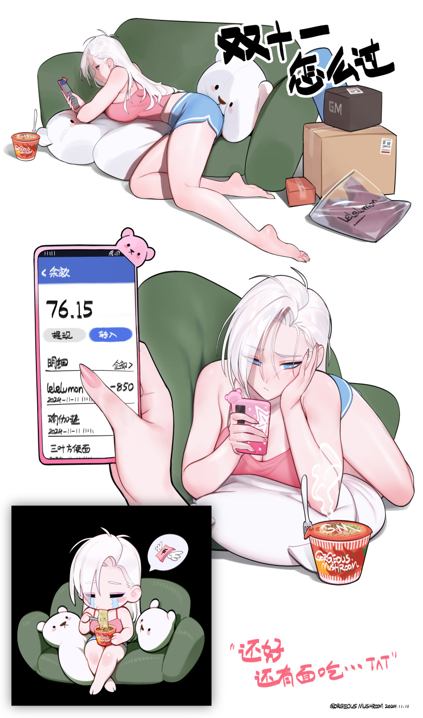 1girl absurdres aibo_(gorgeous_mushroom) ass barefoot blue_eyes breasts cellphone cleavage closed_mouth crying earrings freckles gorgeous_mushroom highres holding holding_phone indoors instant_ramen jewelry large_breasts long_hair looking_at_object looking_at_phone navel original phone piercing sitting smartphone solo streaming_tears tank_top tears white_hair