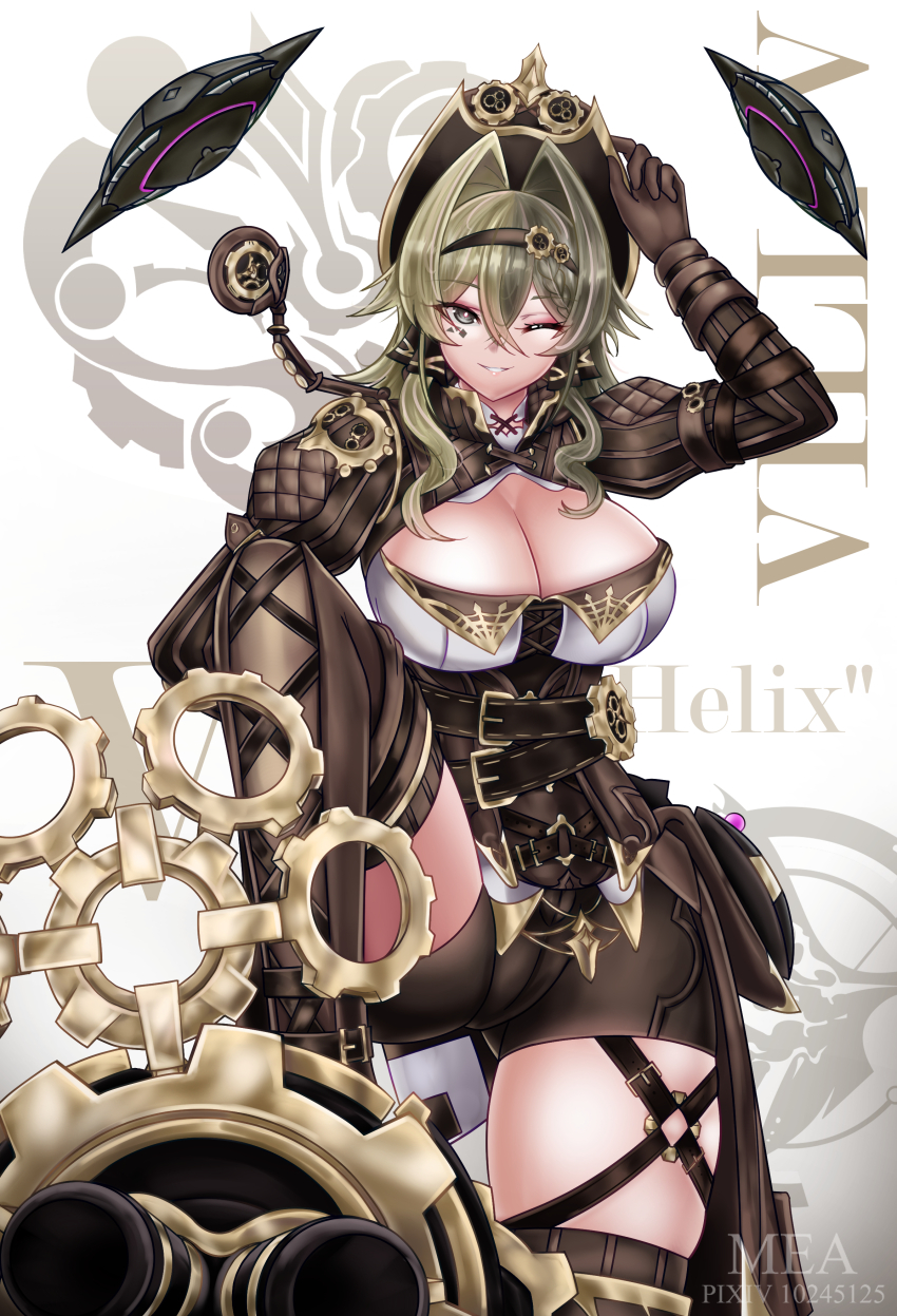 1girl :d absurdres black_boots boots breasts brown_hair brown_jacket brown_shorts character_name cleavage cleavage_cutout clothing_cutout commentary english_commentary grin headband highres honkai_(series) honkai_impact_3rd jacket large_breasts long_hair looking_at_viewer mea_(manami030) multicolored_hair one_eye_closed open_mouth pixiv_id revision shorts smile solo teeth thigh_boots two-tone_hair vill-v