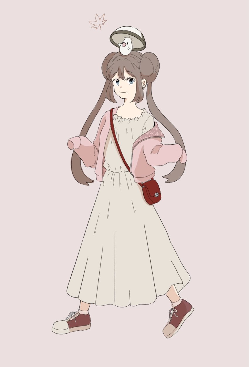 1girl alternate_costume bag brown_hair closed_mouth commentary_request double_bun dress foongus full_body gen_5_pokemon hair_bun highres jacket long_hair long_sleeves nintendo off_shoulder on_head open_clothes open_jacket pink_jacket pokemon pokemon_(creature) pokemon_bw2 pokemon_on_head red_bag red_footwear rosa_(pokemon) sakko shoes shoulder_bag sleeves_past_fingers sleeves_past_wrists smile sneakers standing twintails