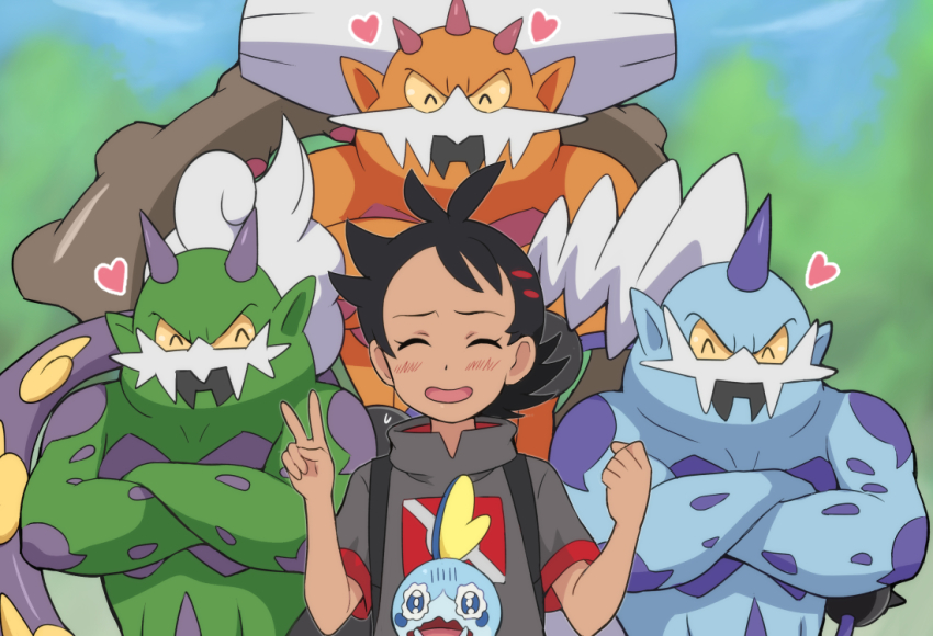 1other 4boys antenna_hair black_hair blurry blurry_background blush clenched_hand closed_eyes commentary_request crossed_arms eyelashes gen_5_pokemon gen_8_pokemon goh_(pokemon) hair_ornament hands_up heart landorus landorus_(incarnate) legendary_pokemon male_focus multiple_boys muscular muscular_male nintendo open_mouth pokemoa pokemon pokemon_(anime) pokemon_(creature) pokemon_journeys selfie short_sleeves size_difference smile sobble thundurus thundurus_(incarnate) tongue tornadus tornadus_(incarnate) v watery_eyes wavy_mouth
